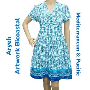 Aryeh Dress Resort Artwork Blue Abstract Geo Print Tiered Pullover Sz M NWOT